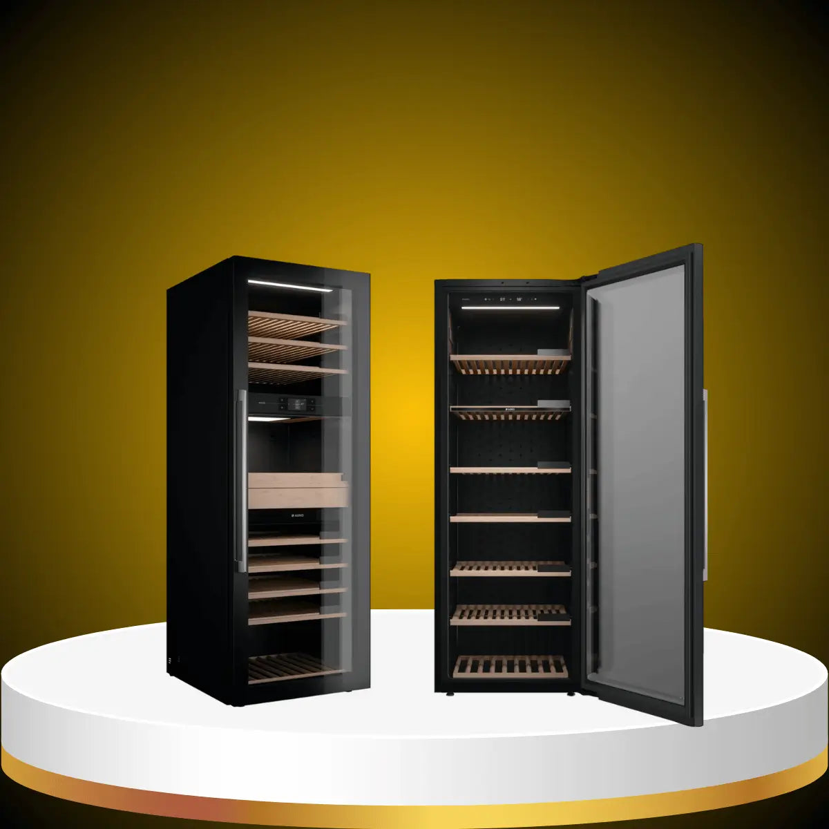 ASKO wine coolers collection featuring black glass-door wine refrigerators with wooden bottle racks and interior LED lighting