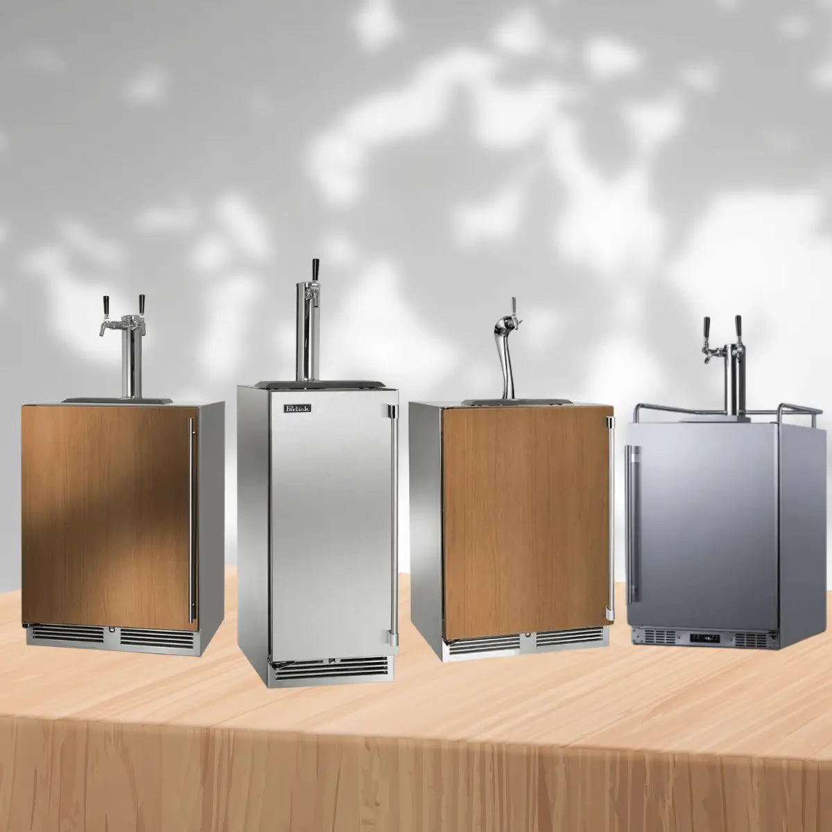 Beer kegerators collection featuring stainless steel and wood panel draft beer dispensers with tap towers for home bars and entertainment spaces