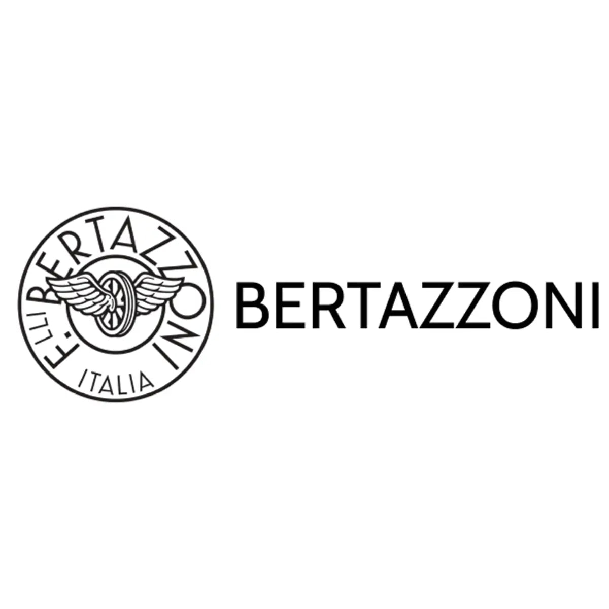 Bertazzoni logo with circular winged wheel emblem and Italia text beside black uppercase BERTAZZONI lettering on a light gray background.