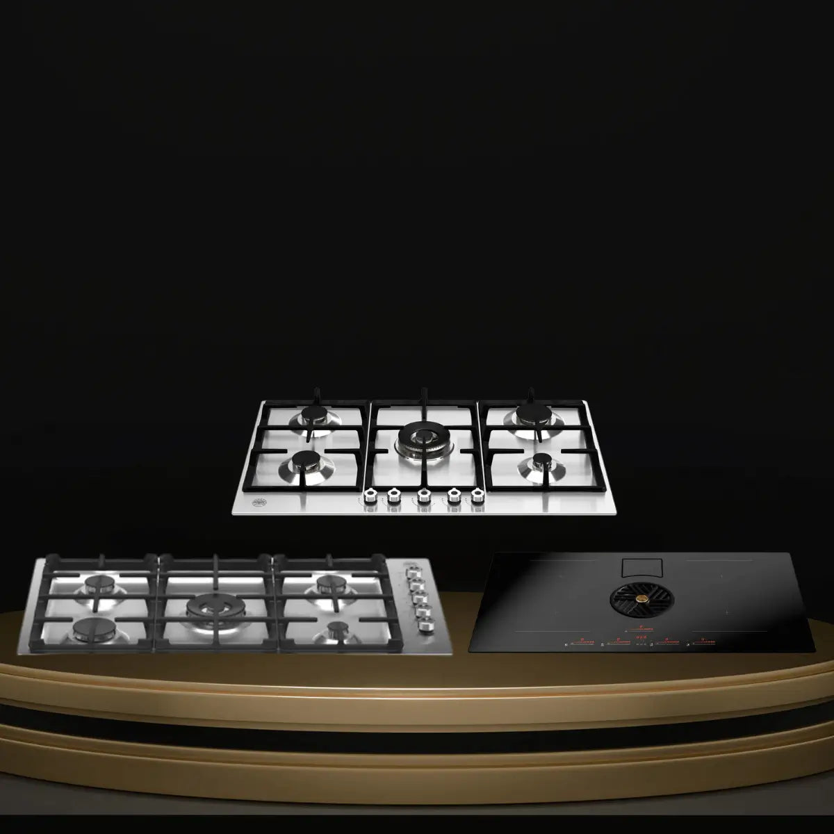 Bertazzoni cooktops collection featuring stainless steel gas cooktops and a black glass induction cooktop with integrated ventilation