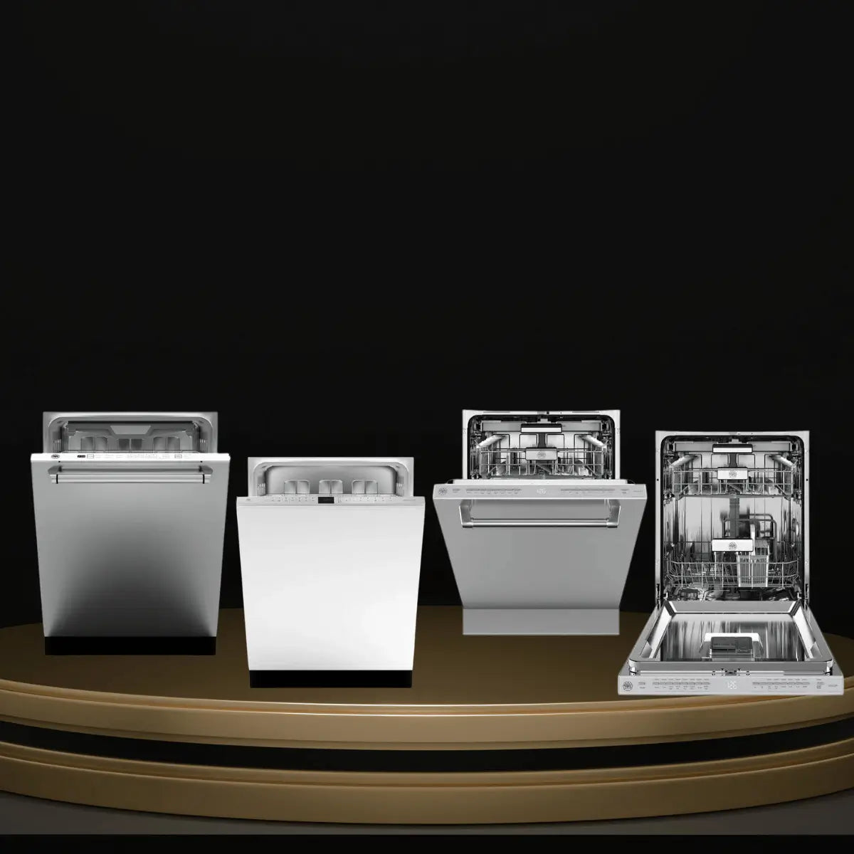 Bertazzoni dishwashers collection featuring built-in stainless steel dishwashers with open doors showing interior racks and wash compartments