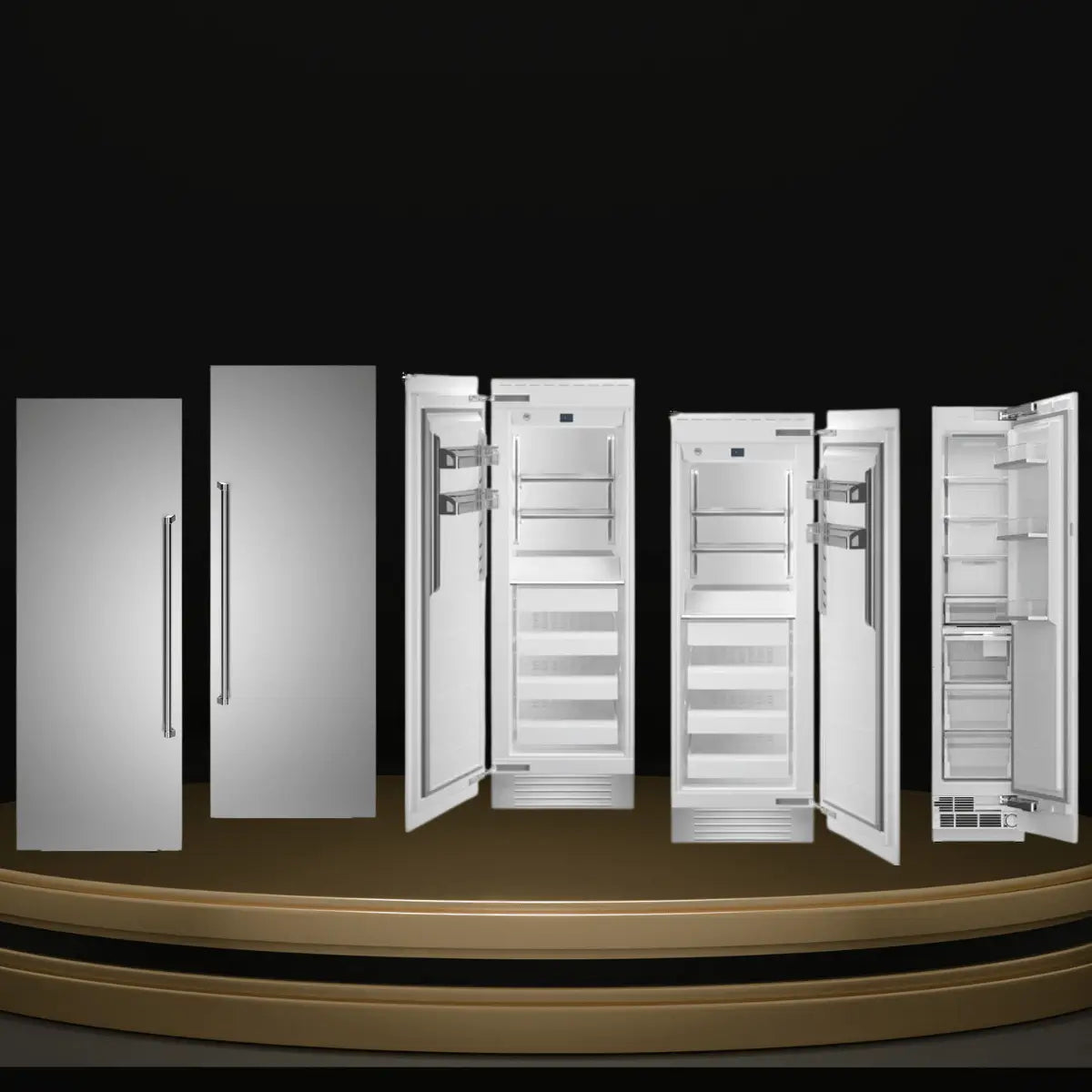 Bertazzoni freezers collection featuring built-in upright freezers with panel-ready doors and open interiors showing shelves and freezer drawers