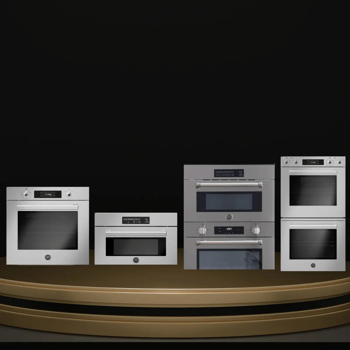 Bertazzoni ovens collection featuring stainless steel built-in single ovens, compact ovens, stacked ovens, and double oven configurations with glass doors