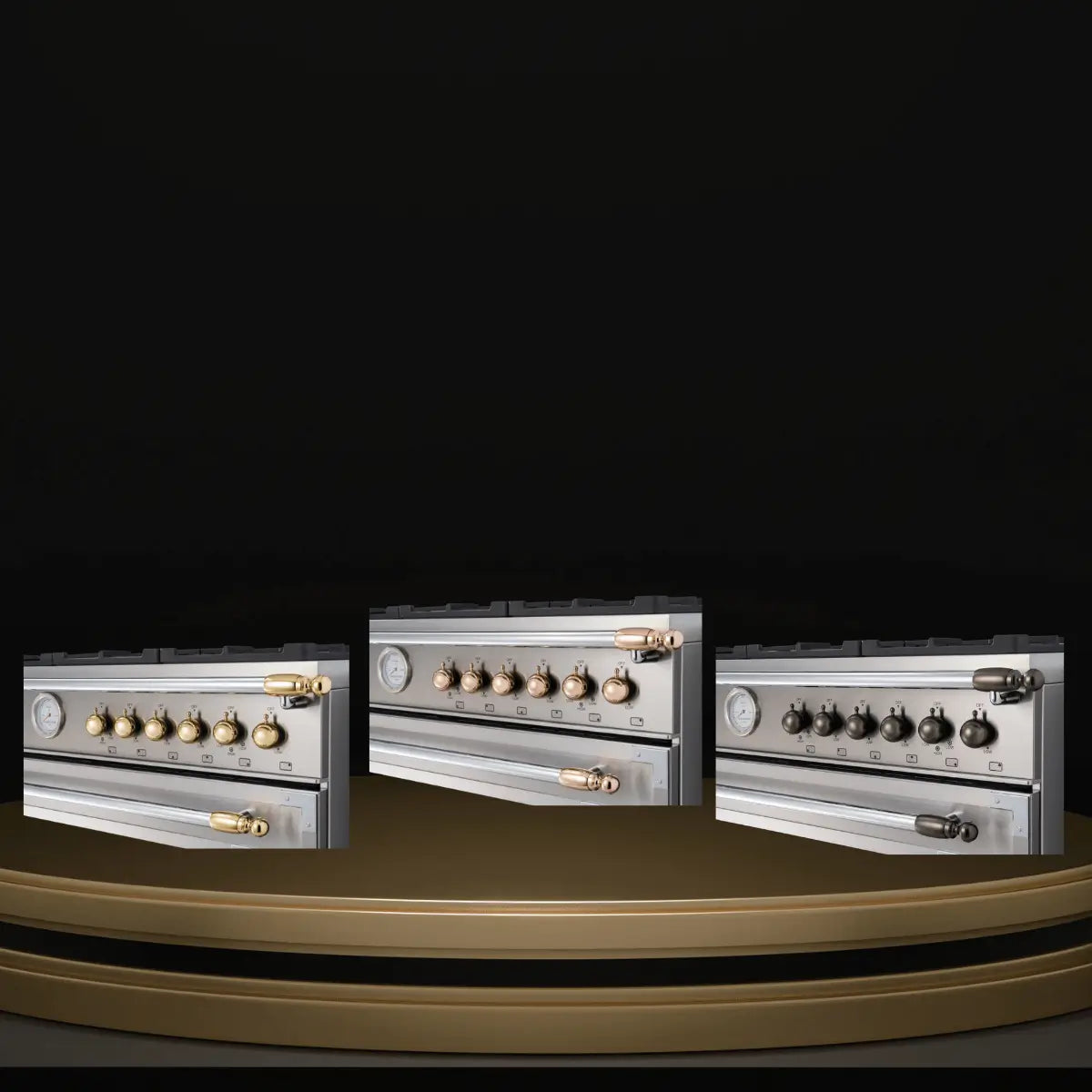 Bertazzoni range accessories collection featuring stainless steel range control panels with gold, brass, and black knob and handle finishes