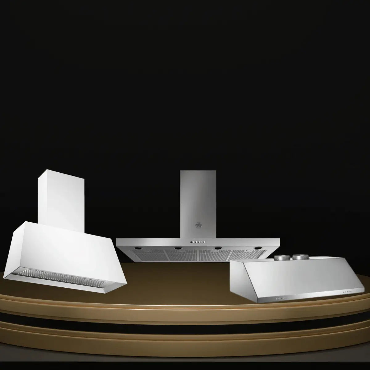 Bertazzoni range hoods collection featuring stainless steel wall-mounted chimney and canopy kitchen ventilation hoods displayed on a platform