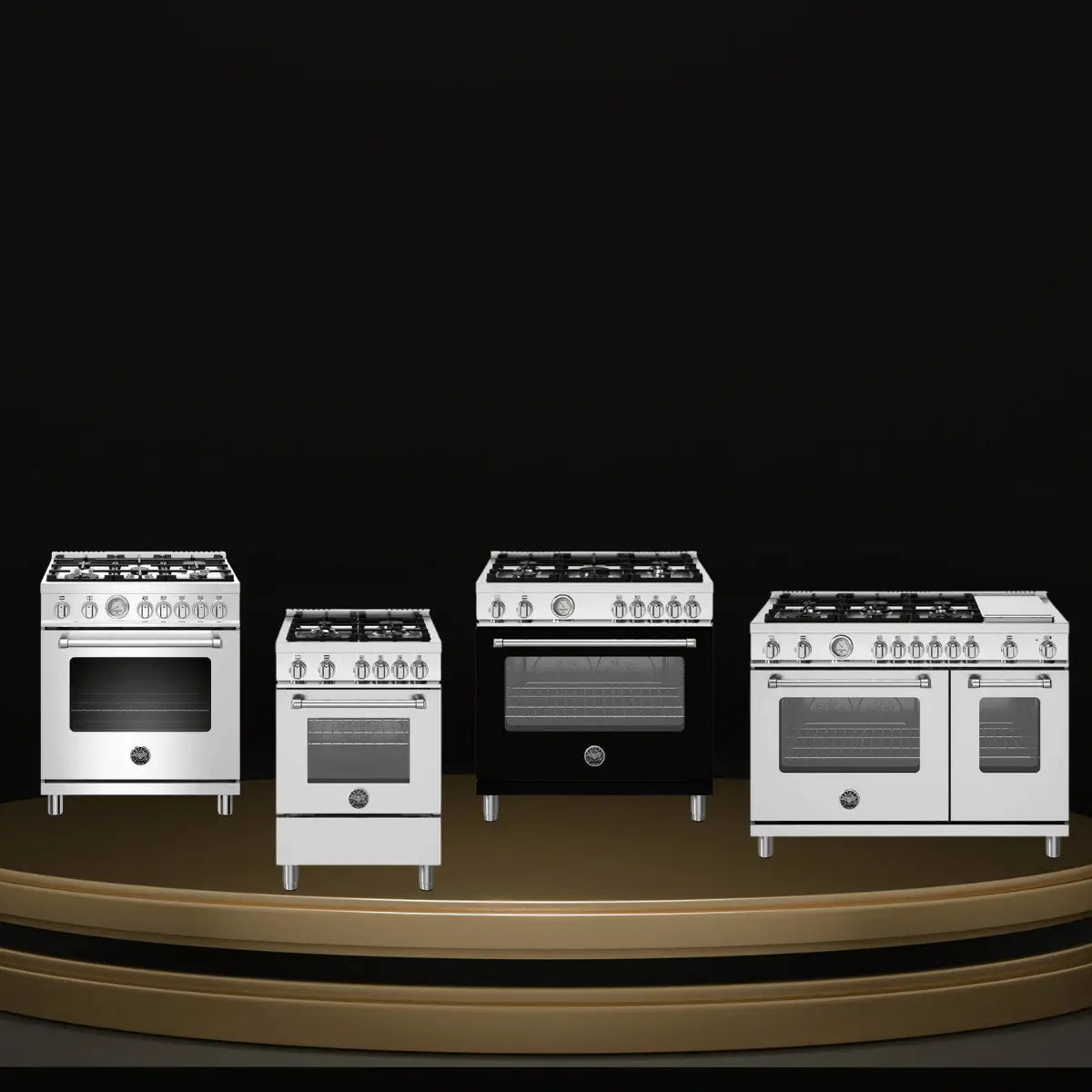 Bertazzoni ranges collection featuring stainless steel and black freestanding gas ranges with multiple burners and single or double oven designs