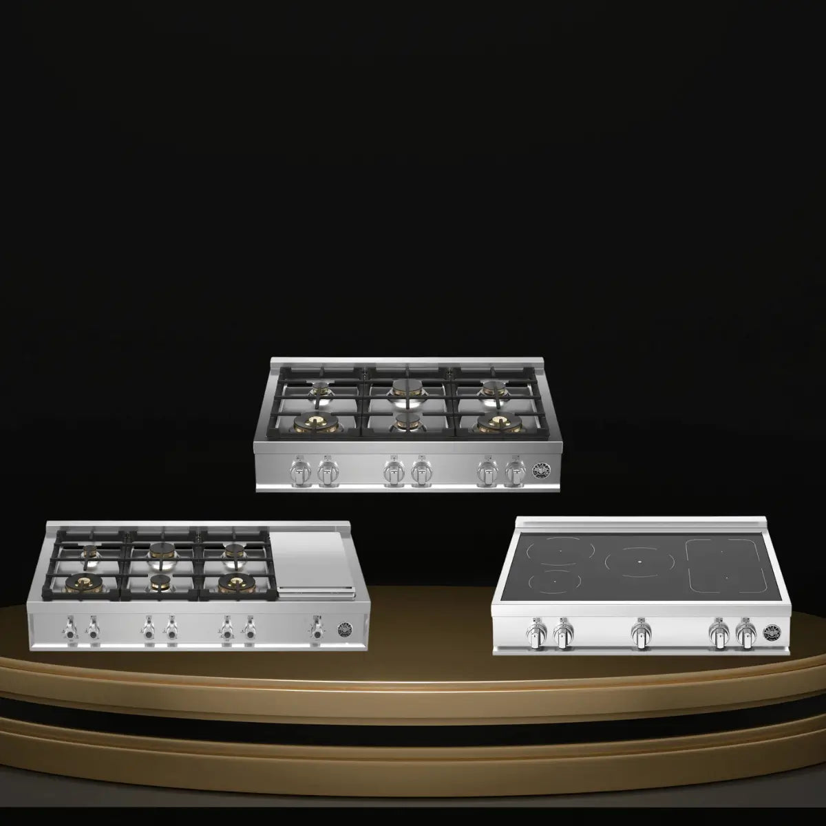 Bertazzoni rangetops collection featuring stainless steel gas rangetops with burners, integrated griddle, and a glass induction rangetop with front controls
