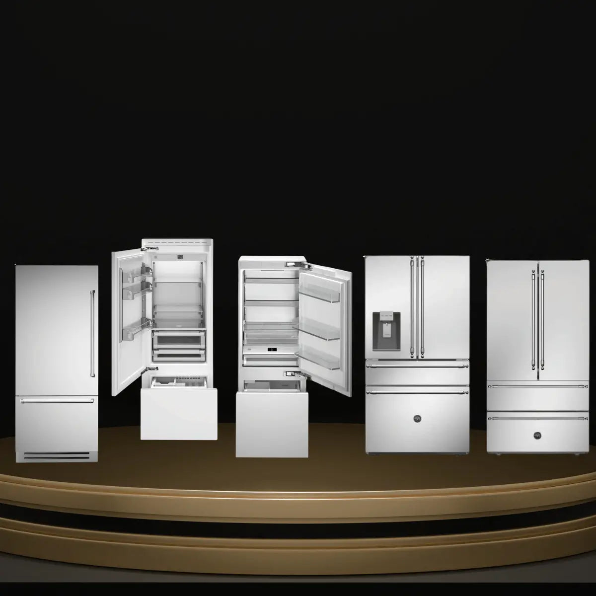 Bertazzoni refrigerators collection featuring stainless steel bottom-freezer and French-door refrigerators with adjustable shelves and freezer drawers
