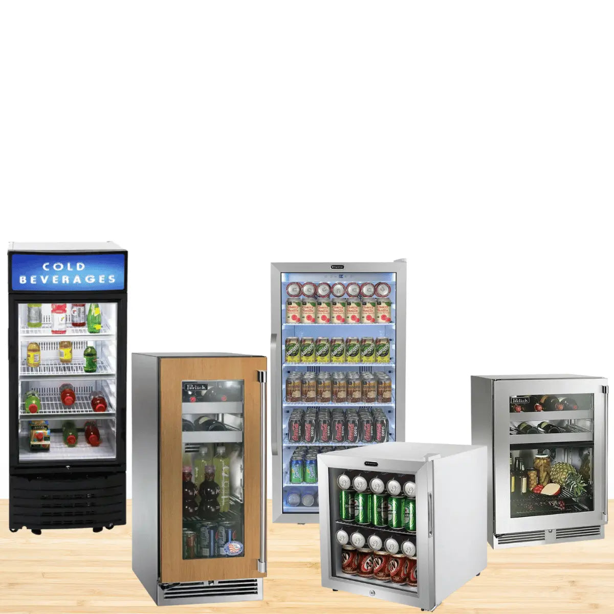 Beverage centers collection featuring glass-door beverage refrigerators, undercounter drink coolers, and commercial beverage fridges stocked with cans and bottles in modern stainless steel and black finishes.