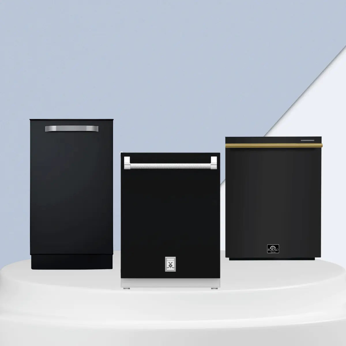 Modern black dishwasher collection featuring three sleek built-in dishwashers with minimalist design, stainless handles, and matte finishes displayed on a clean pedestal background.