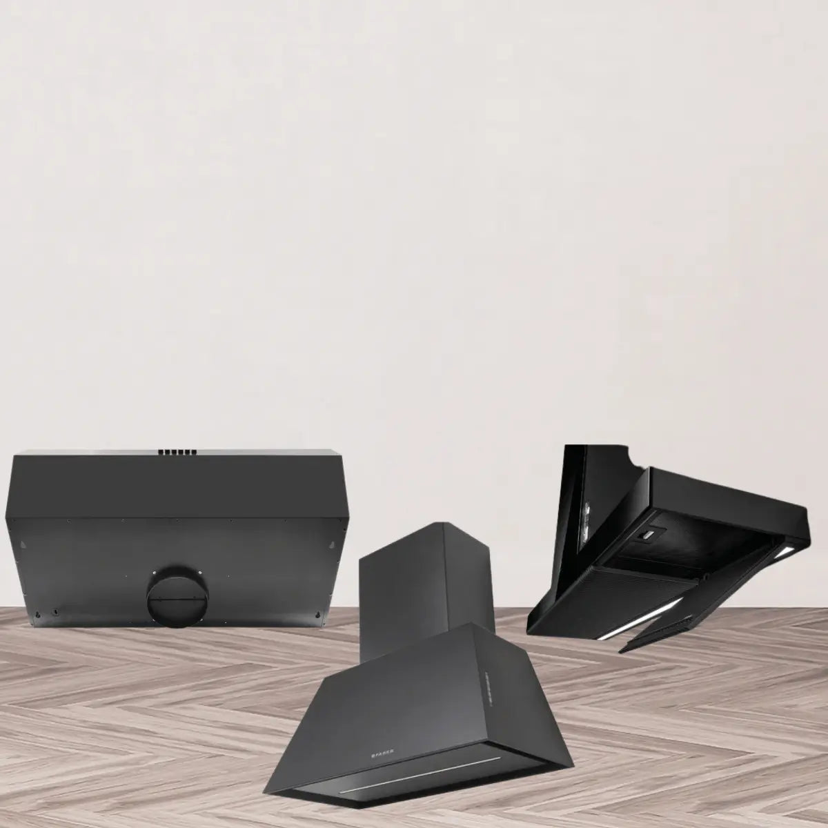 Black range hoods collection featuring matte black wall-mounted and under-cabinet kitchen ventilation hoods with sleek angular designs and integrated lighting.