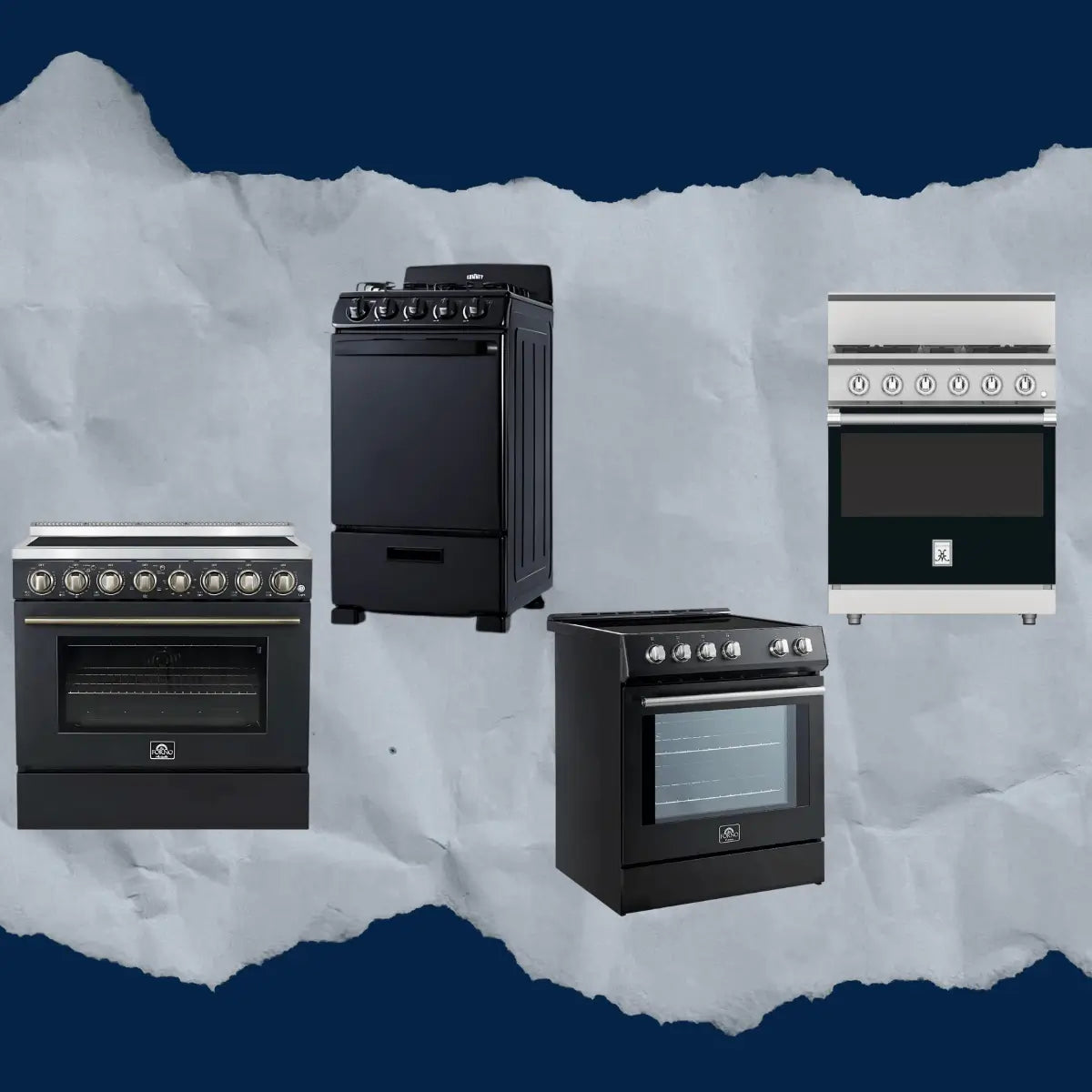Black ranges collection featuring freestanding black kitchen ranges in gas and electric models with front control knobs, oven windows, and modern residential cooking designs.