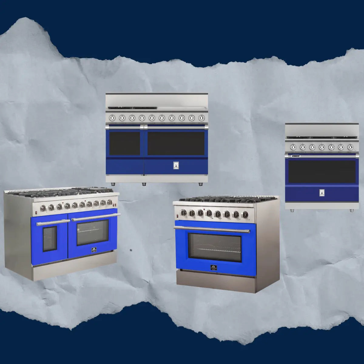 Blue ranges collection featuring freestanding blue kitchen ranges with stainless steel accents, gas cooktops, and single and double oven configurations for modern, statement kitchens.
