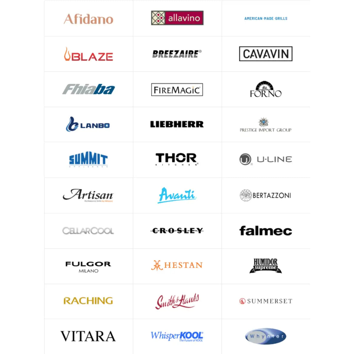Brands collection featuring premium appliance and wine cooling brands including Breezaire, WhisperKOOL, Thor Kitchen, U-Line, Fulgor Milano, and more.
