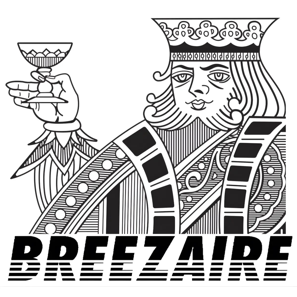 Breezaire logo featuring a detailed black-and-white king illustration holding a goblet above bold striped BREEZAIRE text.