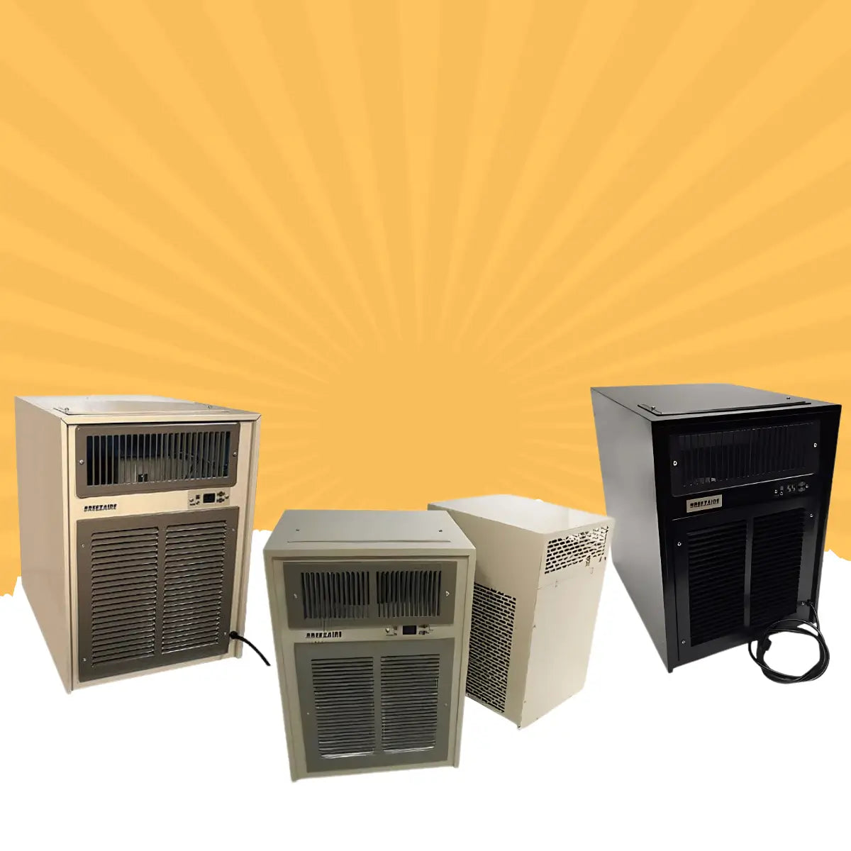 Breezaire wine cellar cooling units collection for 1000 to 1999 cu ft wine cellars featuring beige and black through-the-wall cooling systems