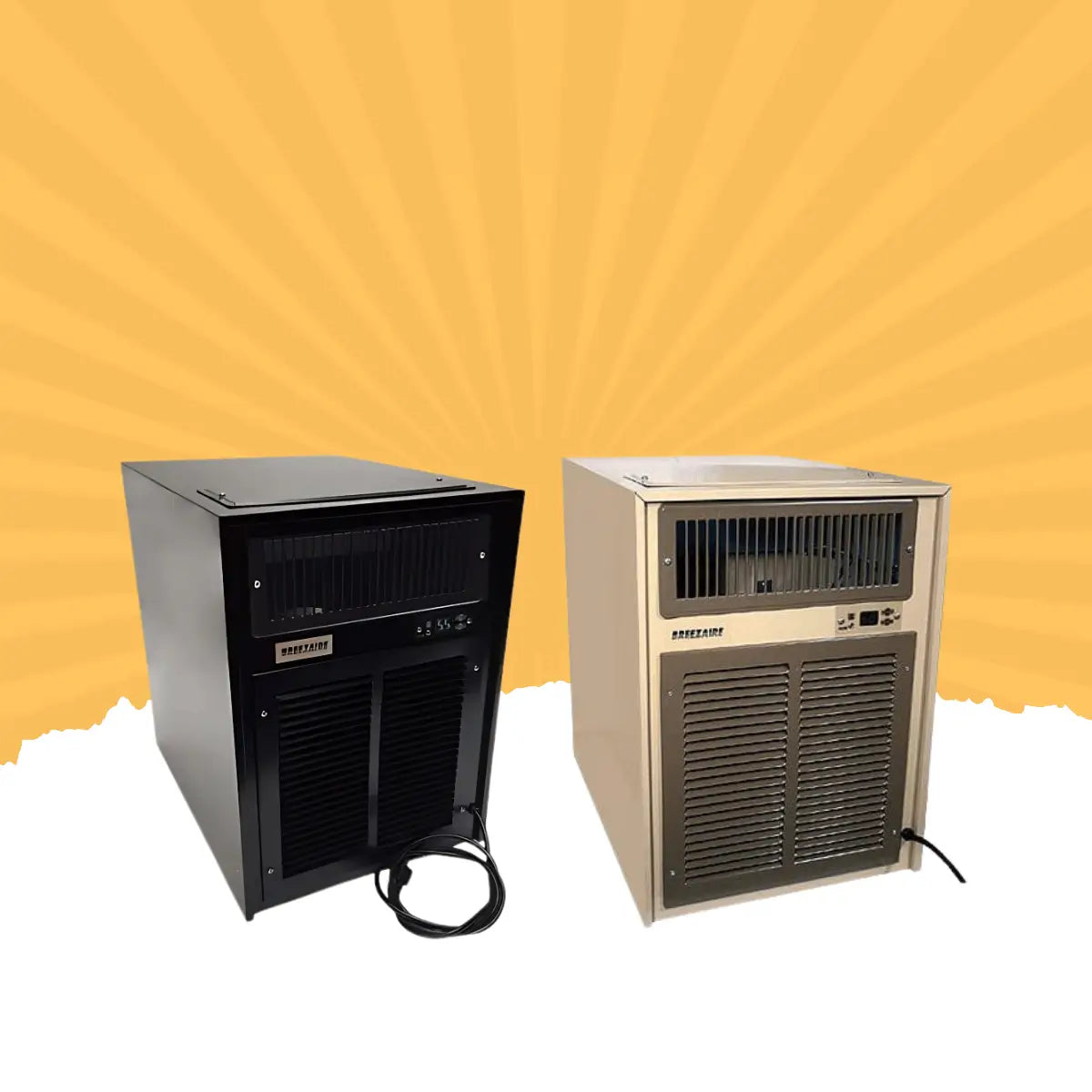 Breezaire wine cellar cooling units for 2000 cu ft and above featuring large-capacity through-the-wall cooling systems in black and beige