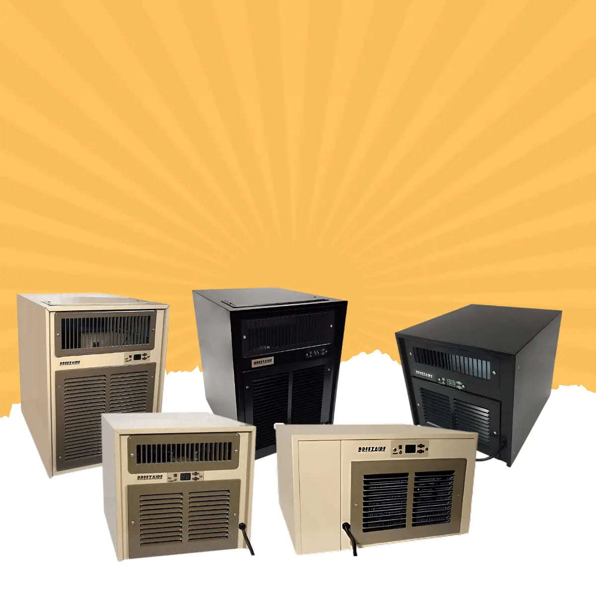 Breezaire through-the-wall wine cooling units collection featuring beige and black wine cellar cooling systems with digital temperature control