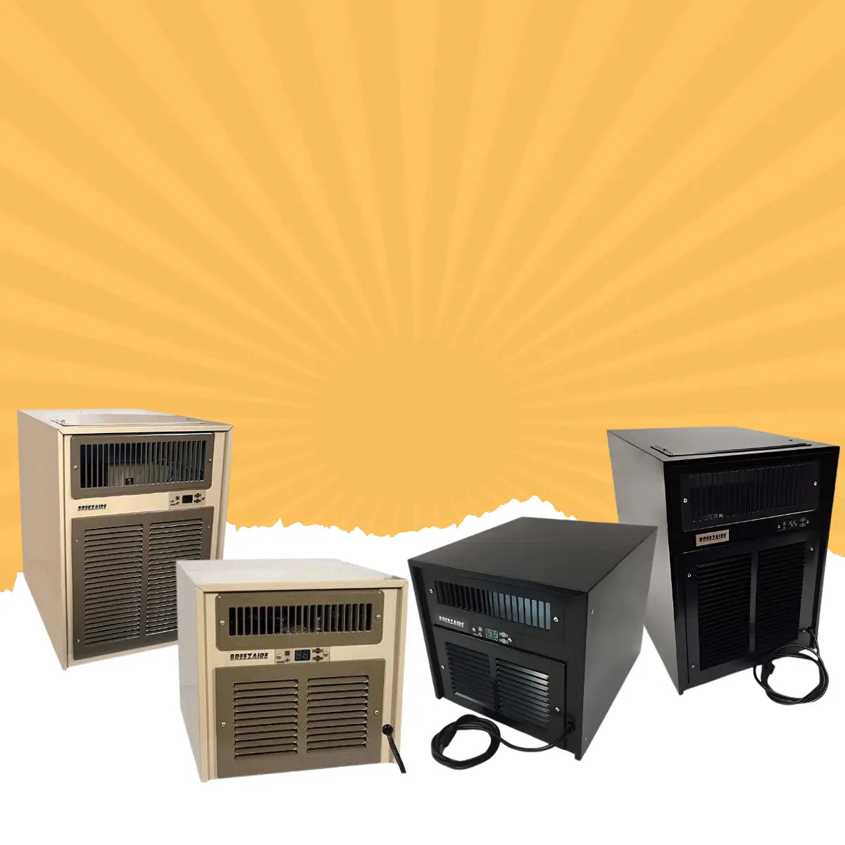 Breezaire WKL Series wine cooling units collection featuring through-the-wall wine cellar cooling systems in beige and black finishes with digital temperature control
