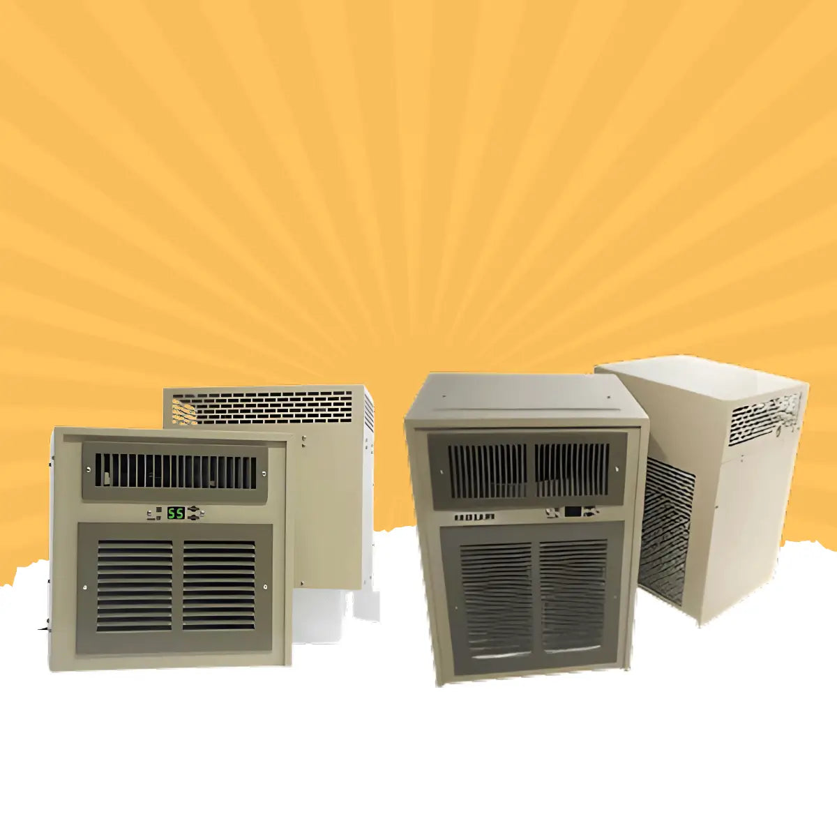 Breezaire wall-mounted wine cellar cooling units with digital temperature display and front ventilation for efficient wine storage climate control
