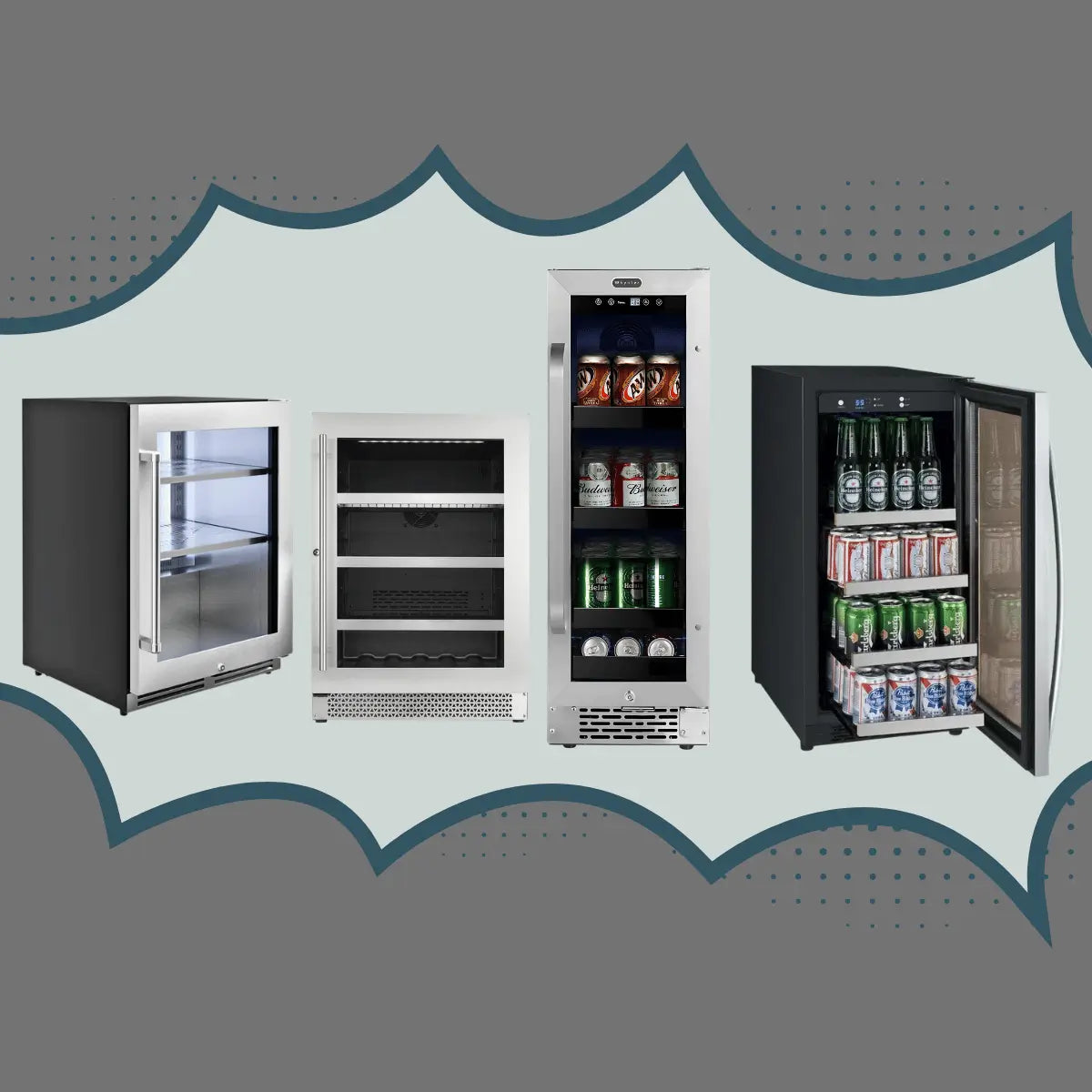 Built-in and freestanding beverage centers collection featuring stainless steel and glass-door drink coolers with adjustable shelves for home bar and kitchen installations.