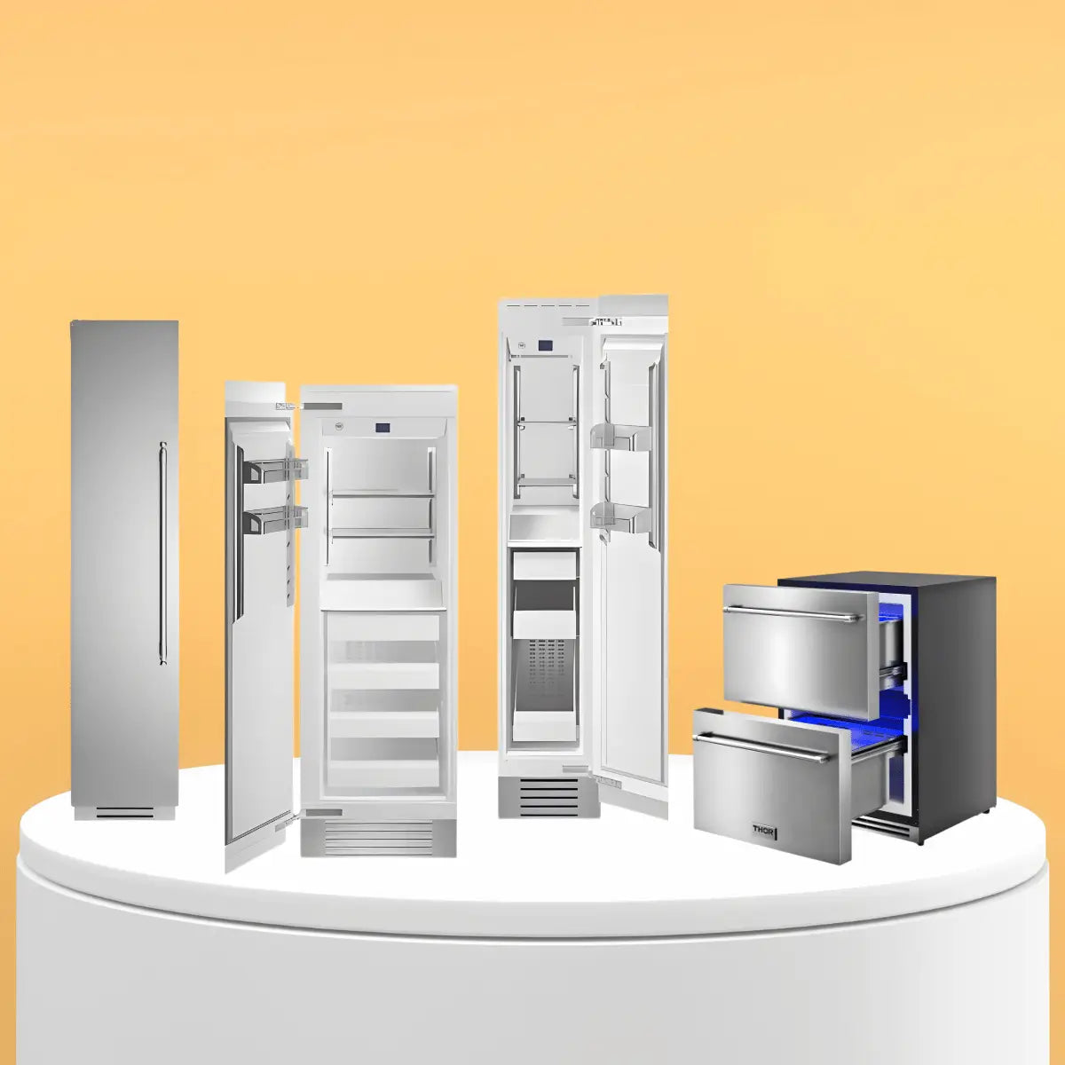 Built-in and freestanding freezers collection featuring upright panel-ready freezers and stainless steel two-drawer freezer units for residential kitchen installations.