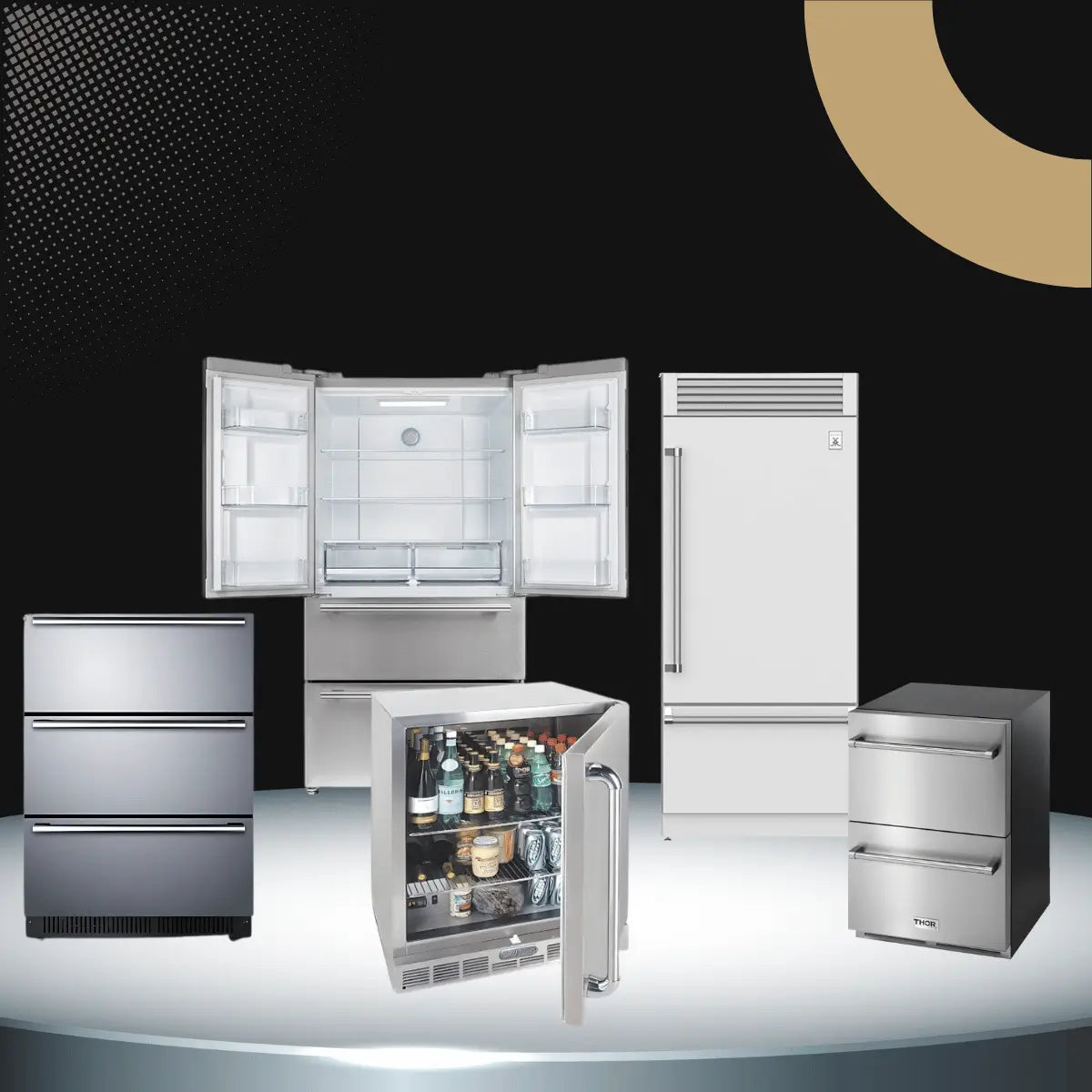 Built-in and freestanding refrigerators collection featuring stainless steel drawer, beverage, and full-size refrigerators for flexible kitchen installation