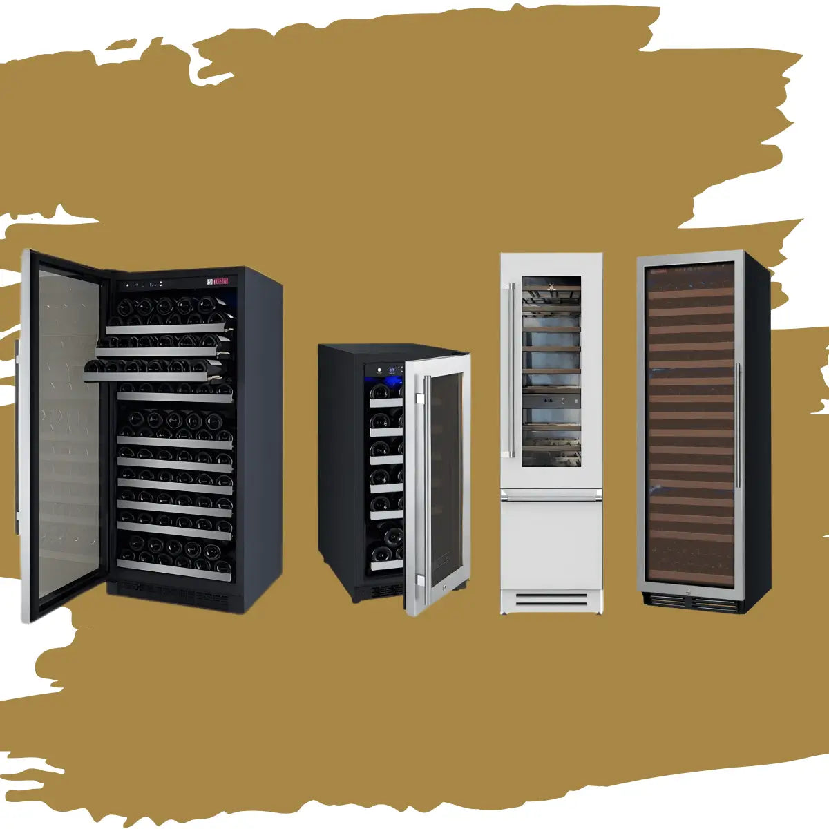 Built-in and freestanding wine coolers collection featuring glass-door and solid-panel wine refrigerators with sliding shelves, LED lighting, and flexible installation options for home kitchens and bars.