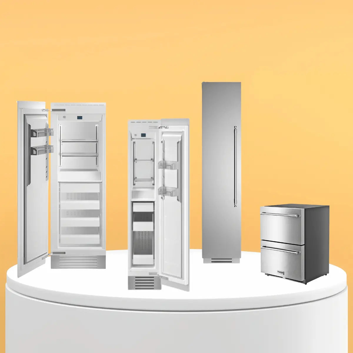 Built-in freezers collection featuring panel-ready upright freezers and stainless steel two-drawer undercounter freezer units for seamless kitchen integration.