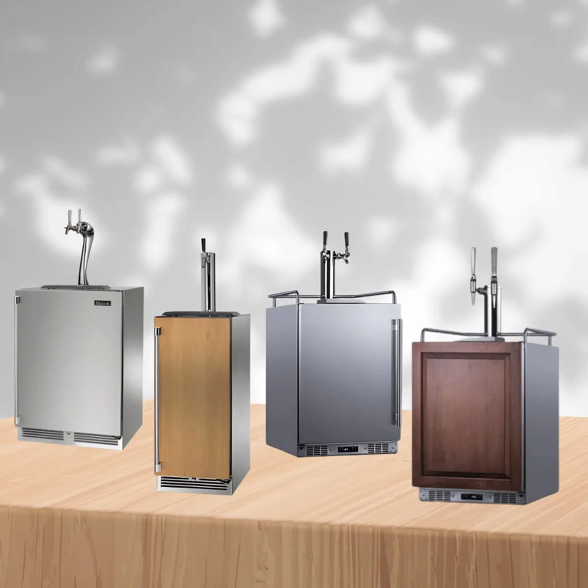 Built-in kegerators collection featuring stainless steel and wood panel draft beer dispensers with tap towers for home bars and built-in kitchen installations