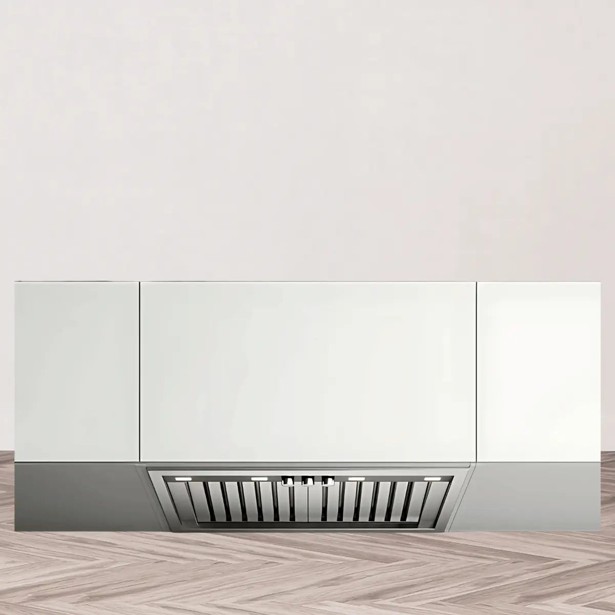 Built-in range hoods collection featuring a stainless steel flush-mounted under-cabinet kitchen hood with baffle filters and integrated LED lighting for seamless ventilation design.
