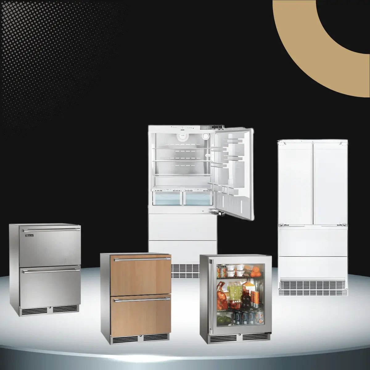 Built-in refrigerators collection featuring panel-ready drawer refrigerators, glass door beverage fridge, and integrated kitchen refrigeration units