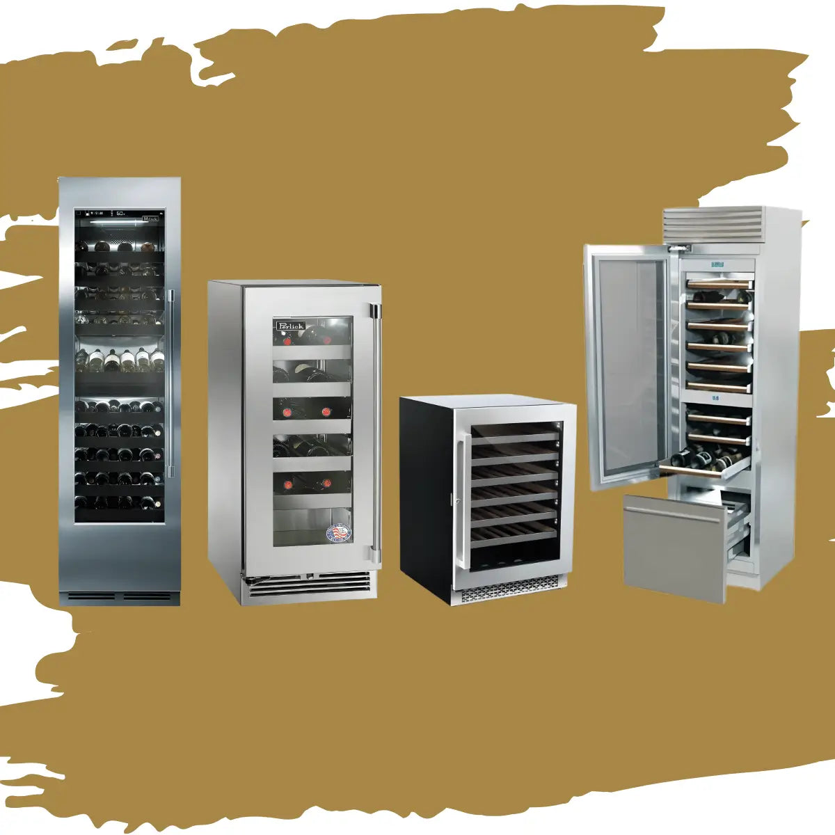 Built-in wine coolers collection featuring stainless steel and glass-door wine refrigerators with front ventilation, adjustable shelves, interior lighting, and integrated designs for kitchen and cabinetry installation.