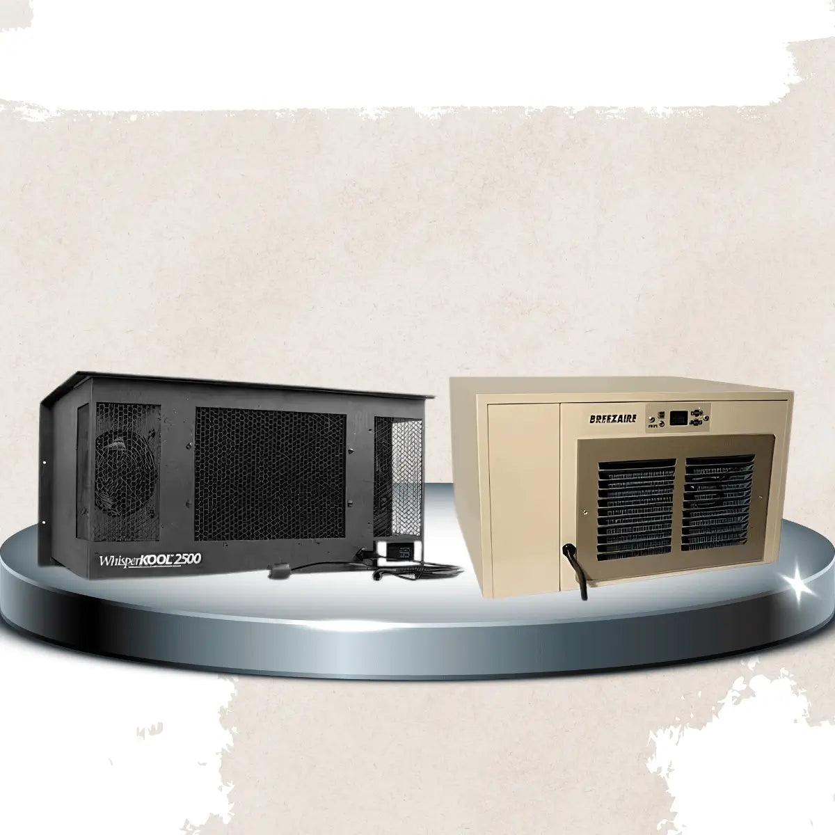 Cabinet system wine cellar cooling units collection featuring WhisperKOOL and Breezaire self-contained through-the-wall cooling systems with front ventilation grilles and built-in temperature controls for wine cellar climate management.