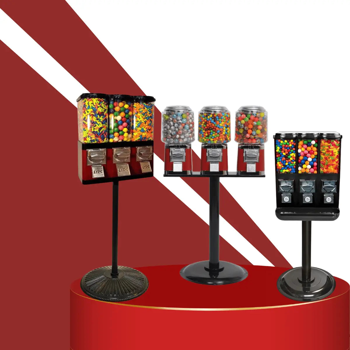 Candy vending machines collection featuring colorful gumball and candy dispensers on stands with clear containers and coin mechanisms, displayed on a red pedestal background.
