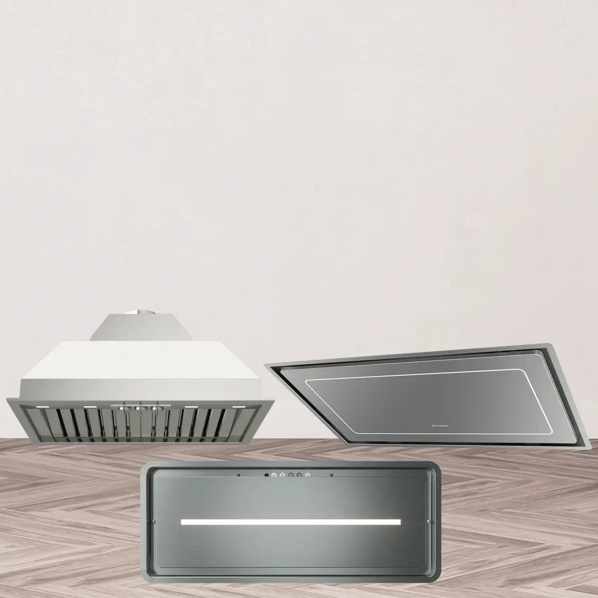 Ceiling mount range hoods collection featuring stainless steel ceiling-mounted inserts, flush panel ventilation hoods, and modern island-style ceiling ventilation systems with integrated LED lighting.