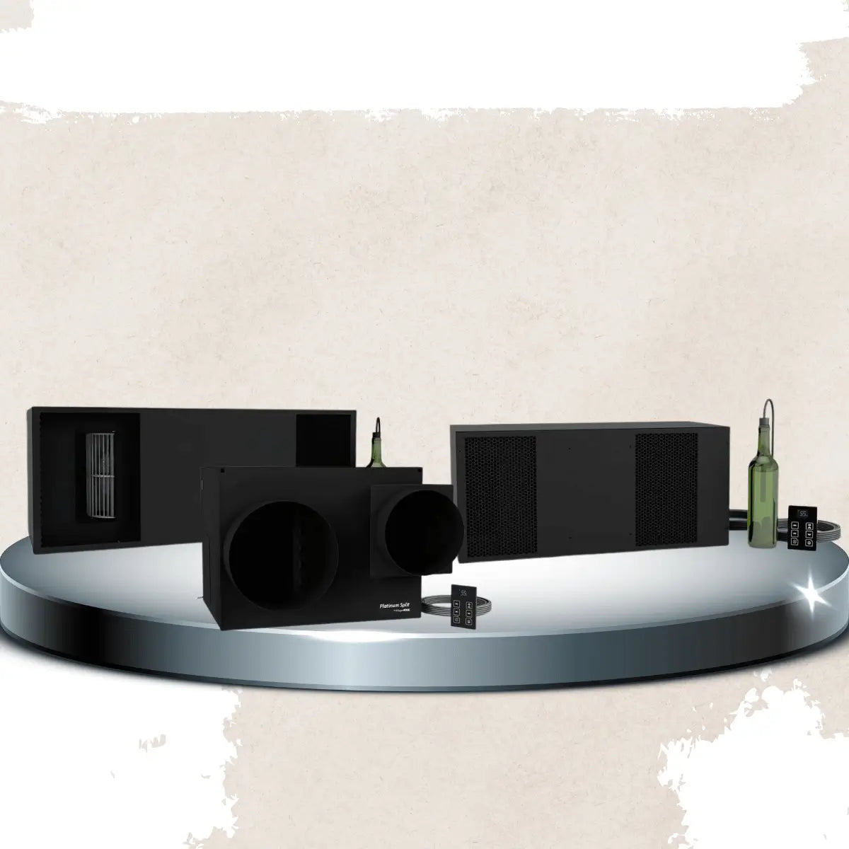 Ceiling mount wine cellar cooling units collection featuring black ceiling-mounted and split system cooling components with digital temperature controllers for professional wine cellar climate control.