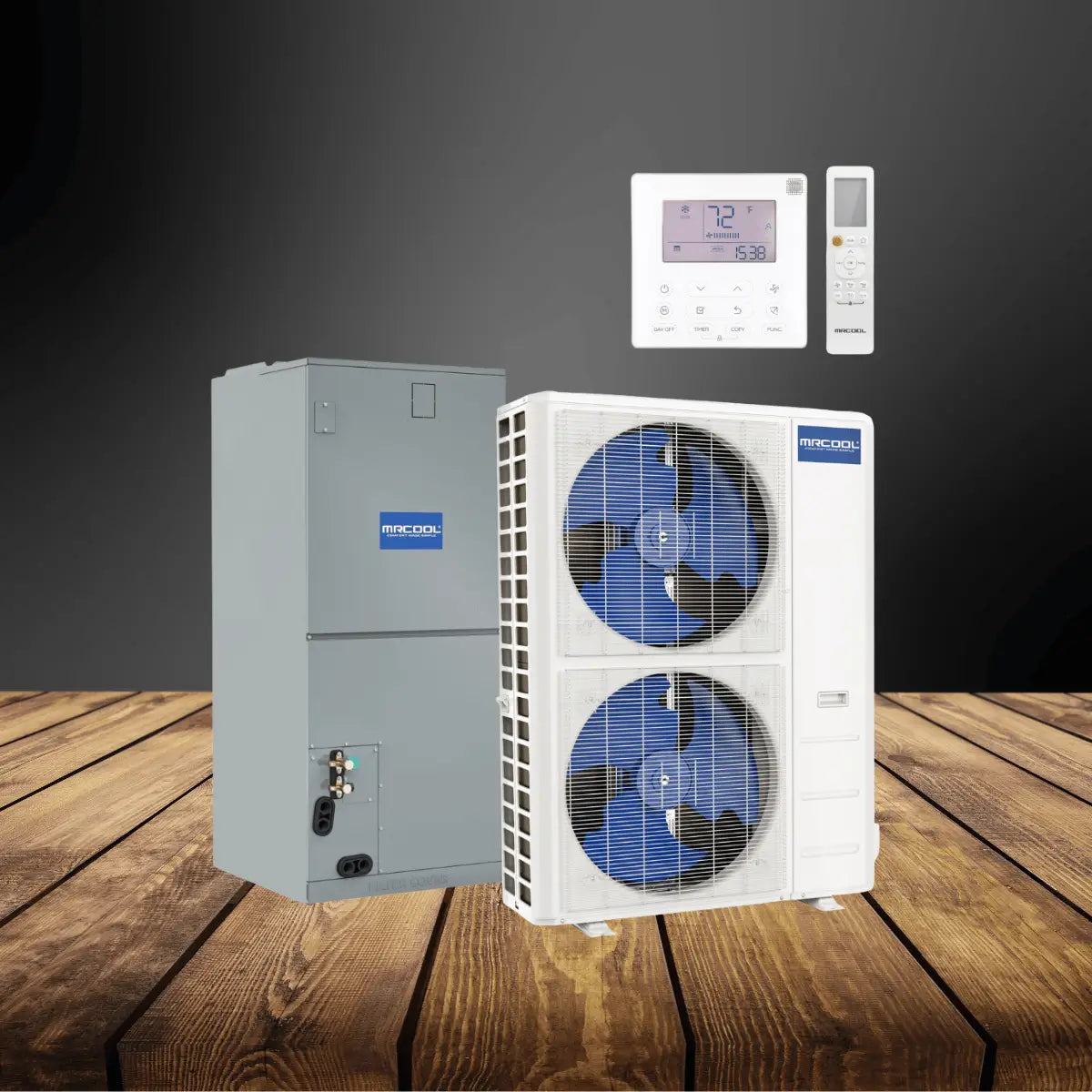 Central ducted heat kits collection featuring dual-fan outdoor condenser, indoor air handler, thermostat, and remote for efficient whole-home heating and climate control system.
