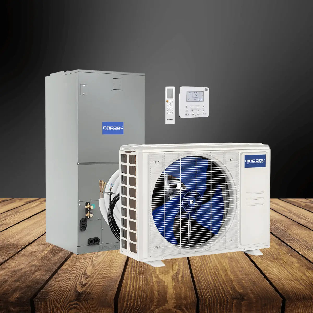 Central ducted systems collection featuring outdoor condenser, indoor air handler, thermostat, and remote control for complete whole-home heating and cooling solution.