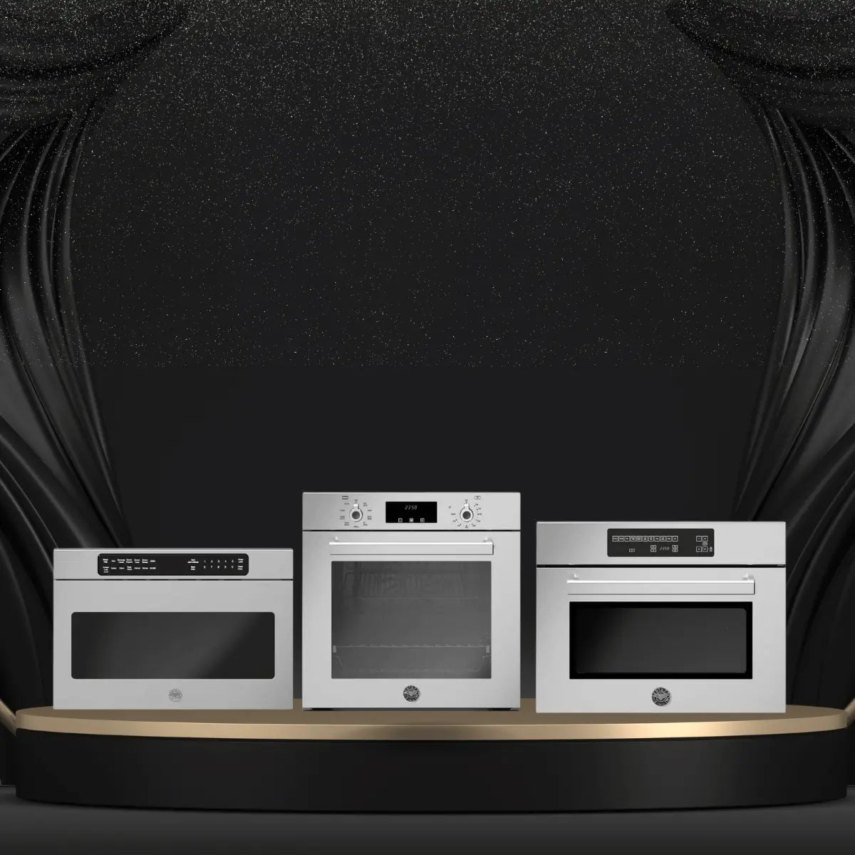 Champagne bronze microwaves collection featuring built-in microwave ovens with glass doors and digital controls in a luxury black and gold setting