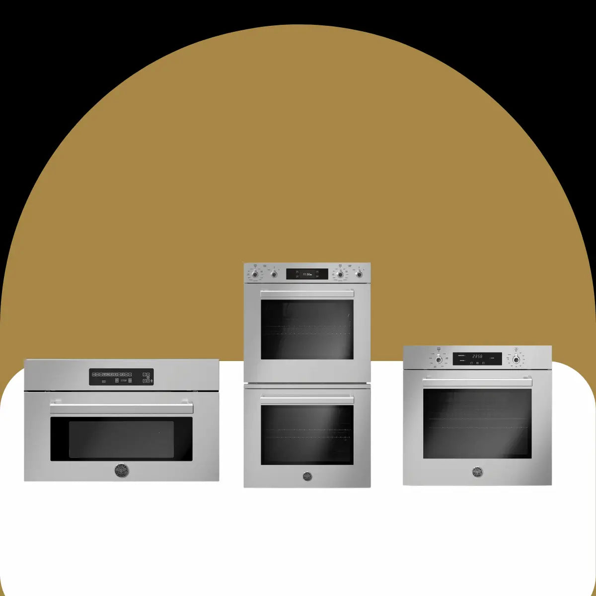 Champagne bronze ovens collection featuring built-in single and double wall ovens with digital displays, control knobs, and elegant metallic finishes for luxury kitchens.