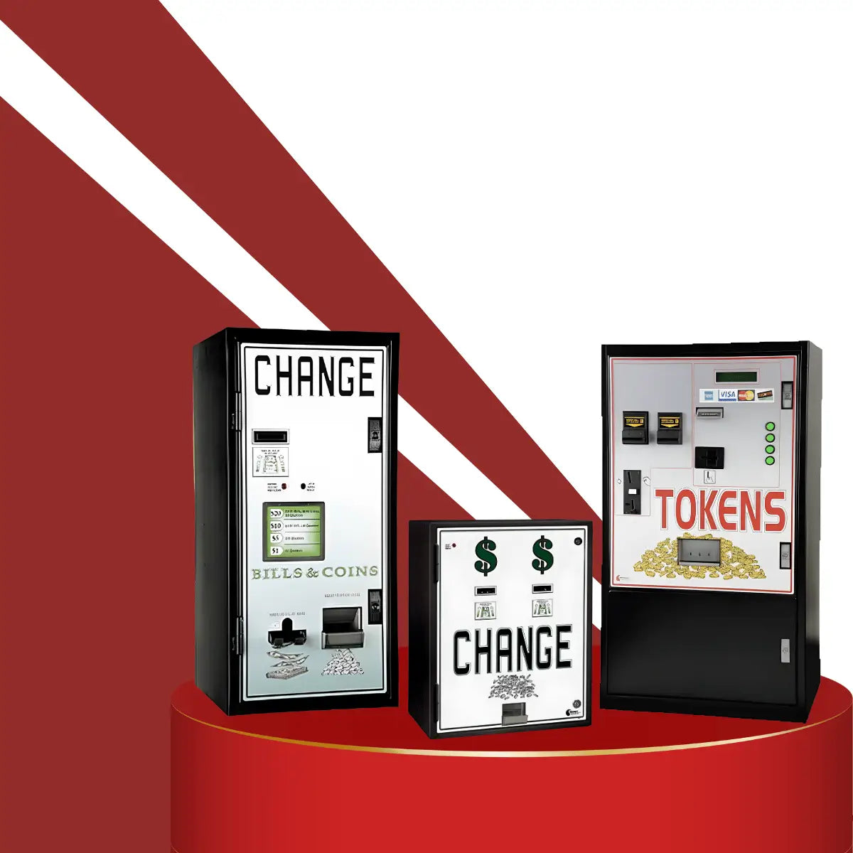 Change machines collection featuring bill-to-coin and token exchange machines with digital displays, payment slots, and bold “CHANGE” and “TOKENS” labels on a red pedestal background.