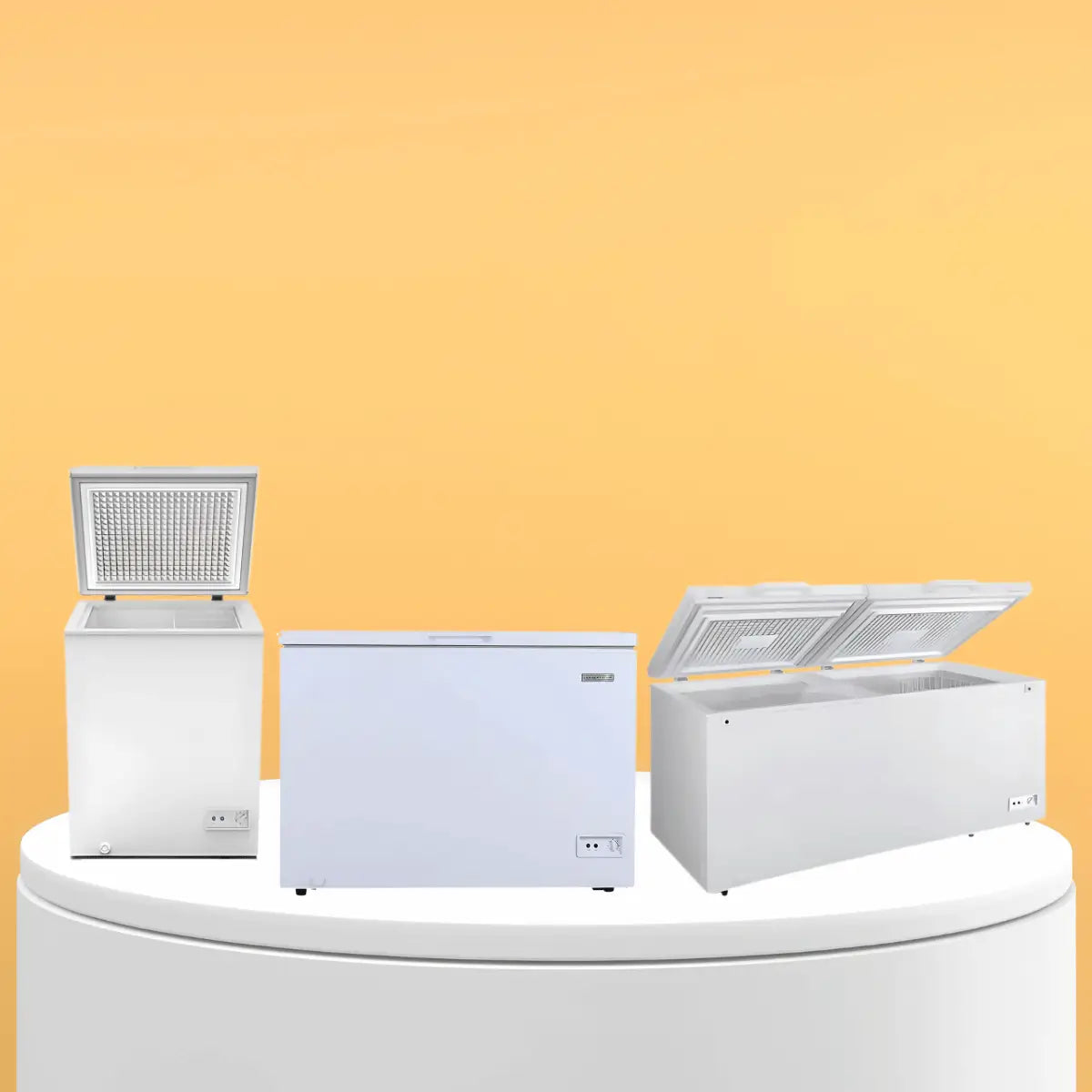 Chest freezers collection featuring compact and large-capacity white chest freezers with lift-up lids and spacious interior storage for bulk frozen food storage.