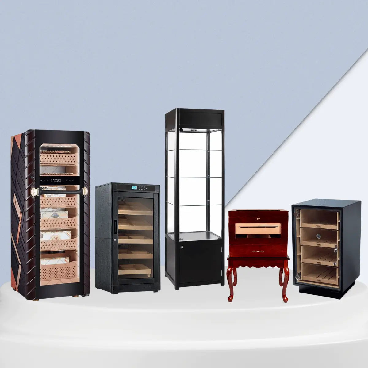 Cigar humidor cabinets collection featuring glass display units, black humidors, and wooden cabinets with organized cigar storage shelves