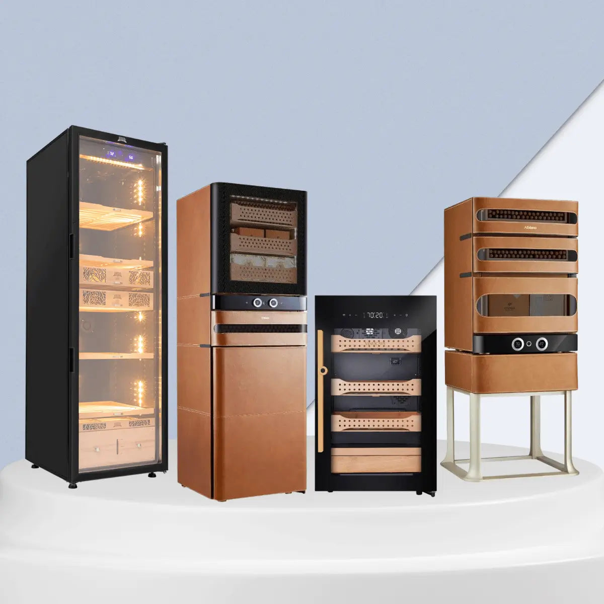 Cigar humidor coolers collection featuring glass-door cabinets, leather-wrapped humidors, and digital-controlled cigar storage units with wooden shelves.