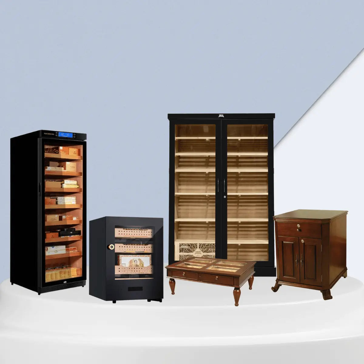 Cigar humidors collection featuring glass door cabinets, tabletop humidor, and wooden storage units with organized cigar shelves
