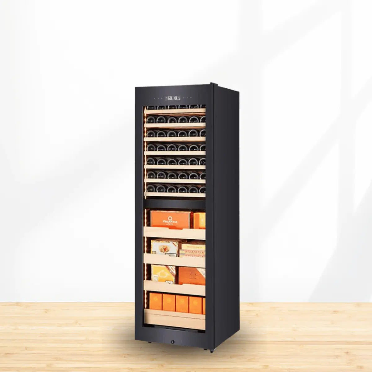 Cigar humidor and wine cooler combination cabinet with glass door, wooden shelves, and LED lighting, storing wine bottles and cigar boxes in a sleek modern unit.