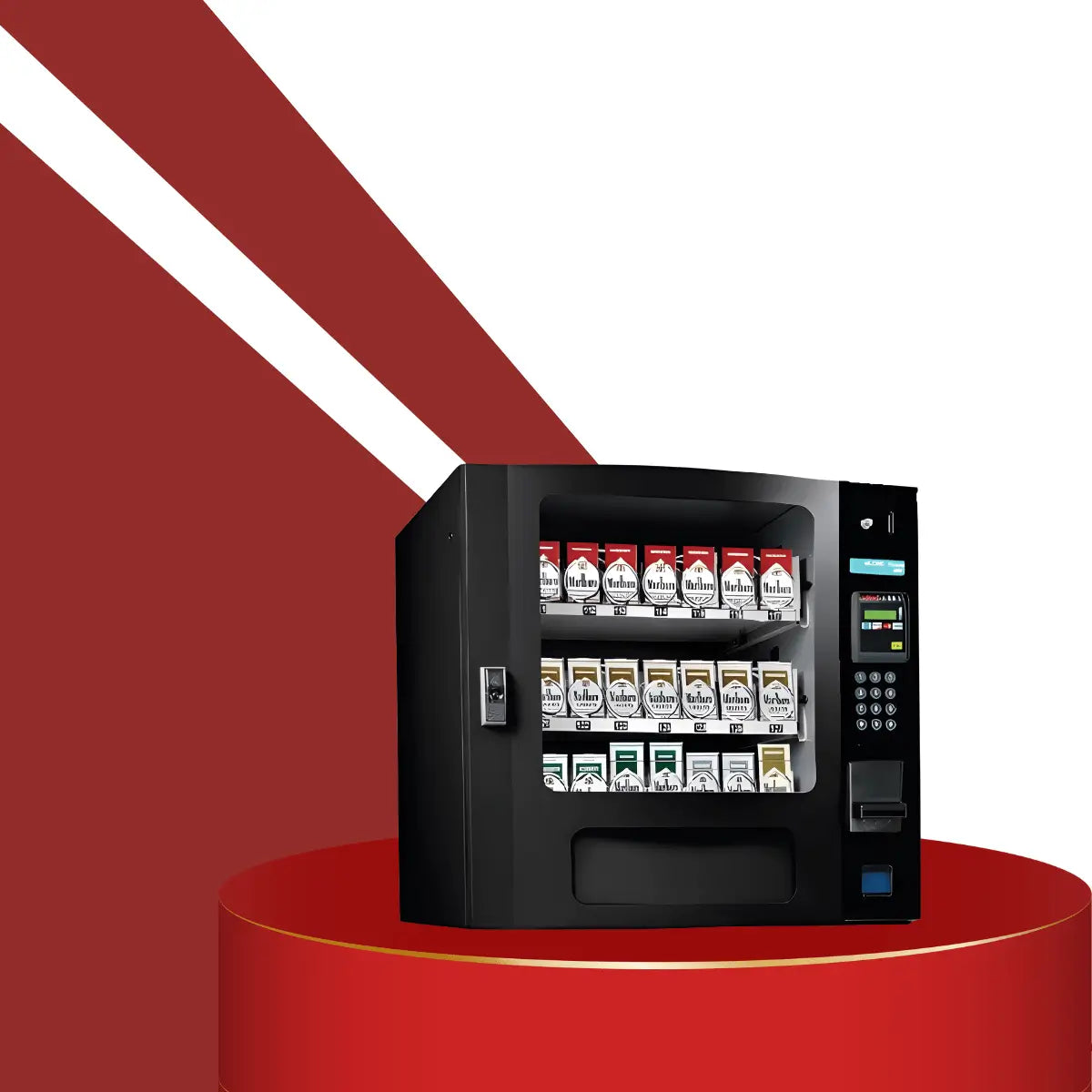 Black cigarette vending machine with digital keypad, display screen, and organized product rows, showcased on a modern red pedestal with bold geometric background.
