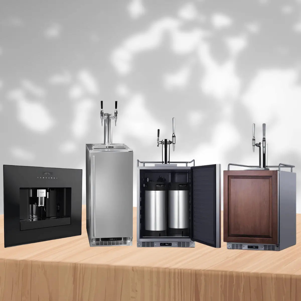 Coffee kegerators collection featuring stainless steel and wood panel cold brew coffee dispensers with draft tap towers and internal keg storage