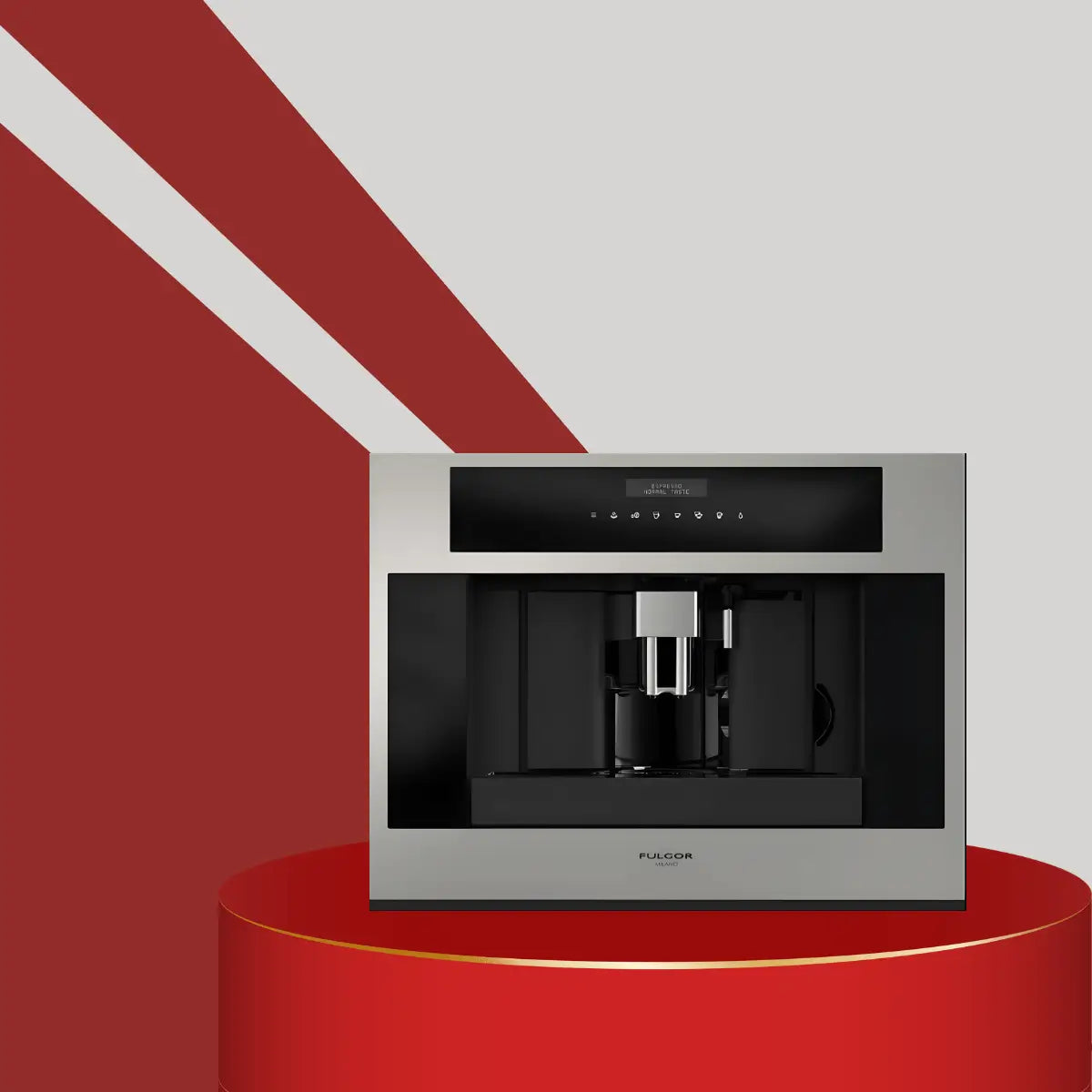 Built-in stainless steel coffee machine with digital controls and dual spouts, displayed on a modern red pedestal background with minimalist geometric design.